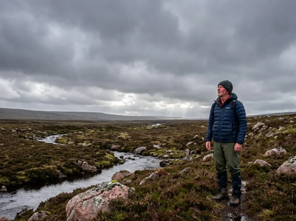 Hiker pausing on misty Cairngorms moorland observing landscape closely