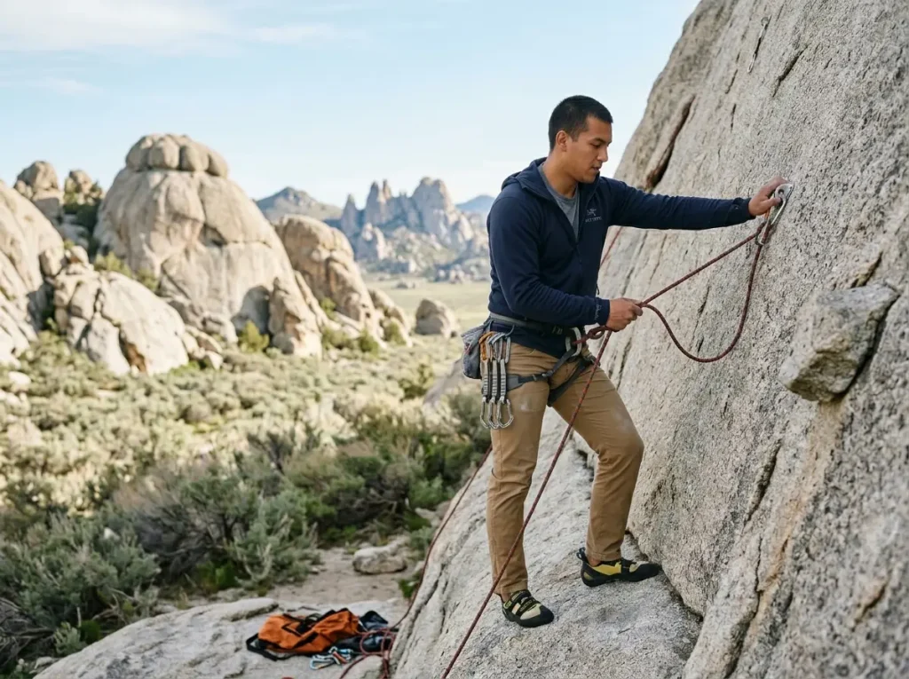 Beginner climber on bolted route at Castle Rocks State Park Idaho