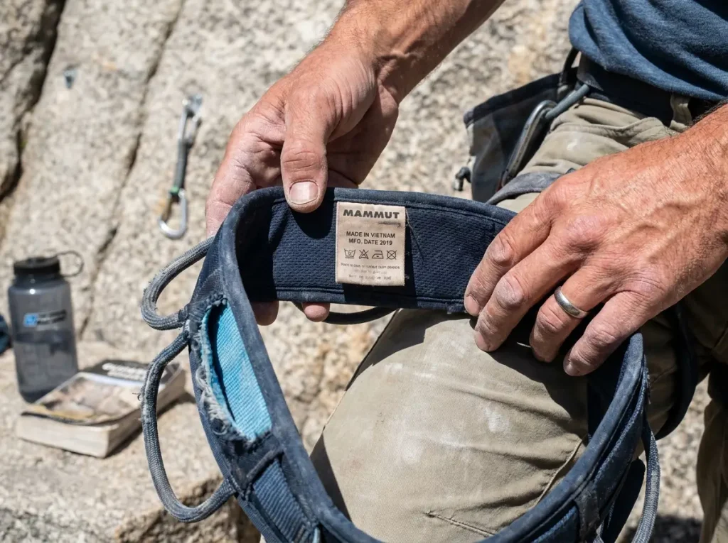 Climber reading harness label showing manufacture date at the crag