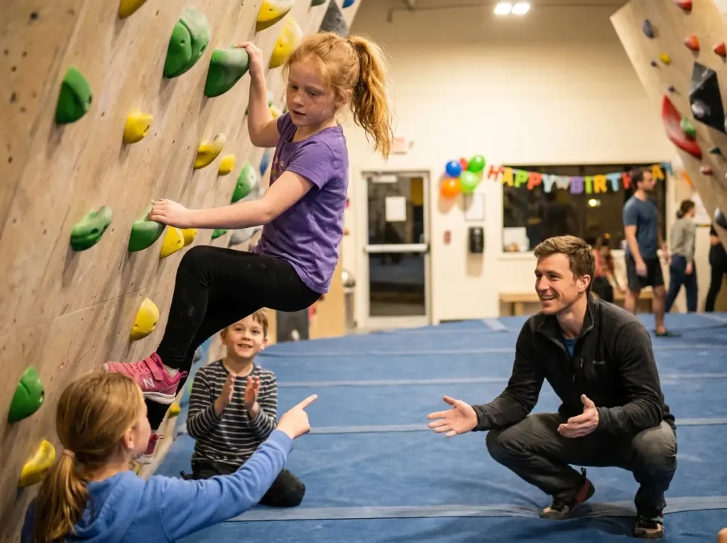 Child traversing low on bouldering wall while friends cheer nearby
