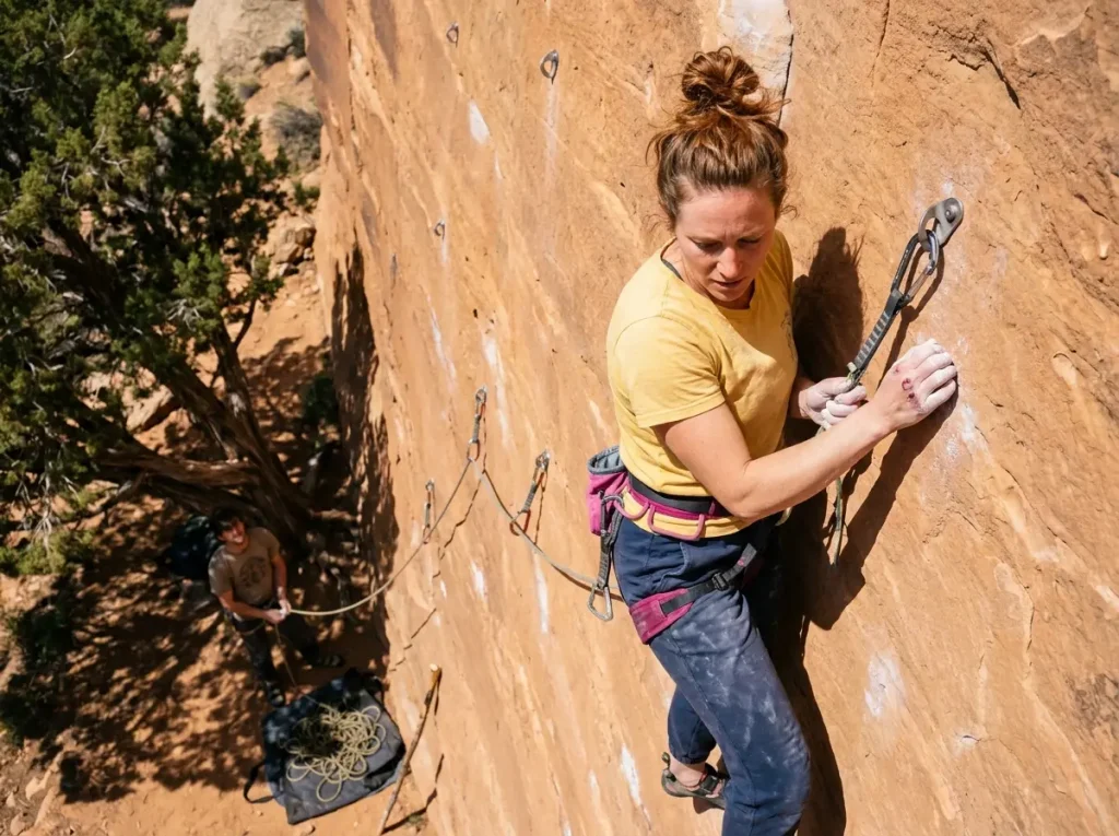 Climber resting at a bolt midway on a sport route marking sections