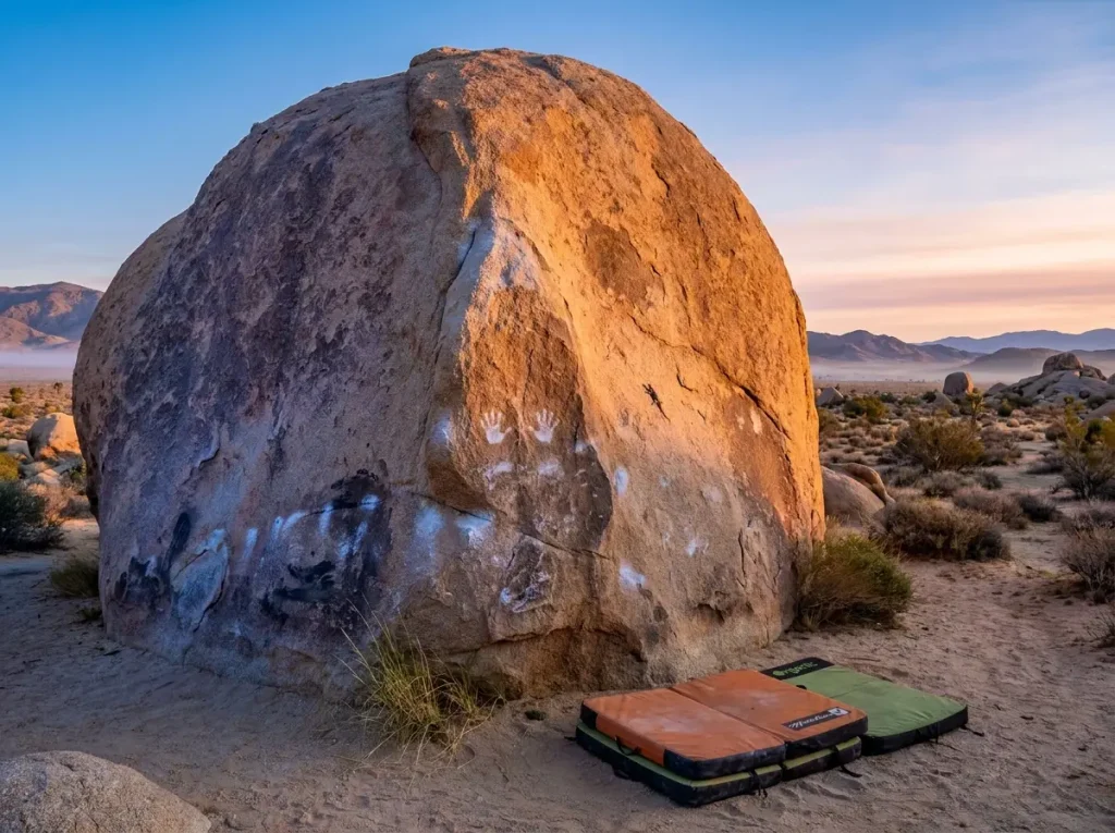 Iconic sandstone prow boulder at sunrise in desert bouldering area