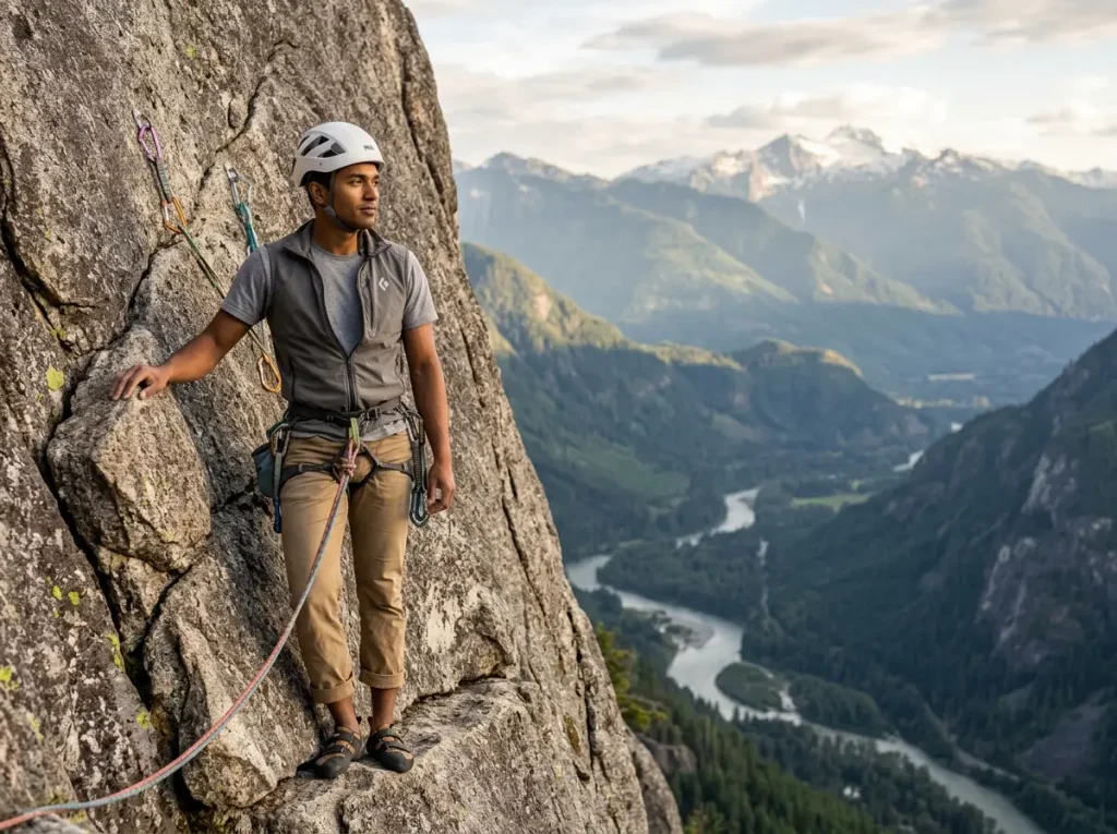 Climber pausing mid-route to look at mountain landscape instead of next hold