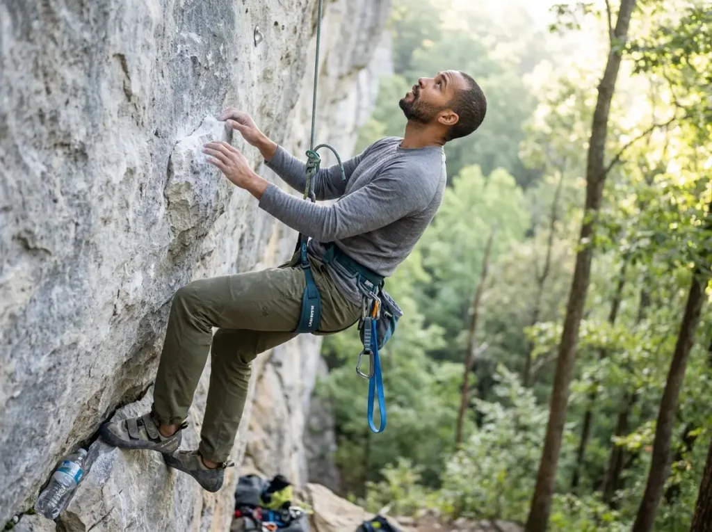 Sport climber studying holds on a bolt-clipped limestone route while resting on rope
