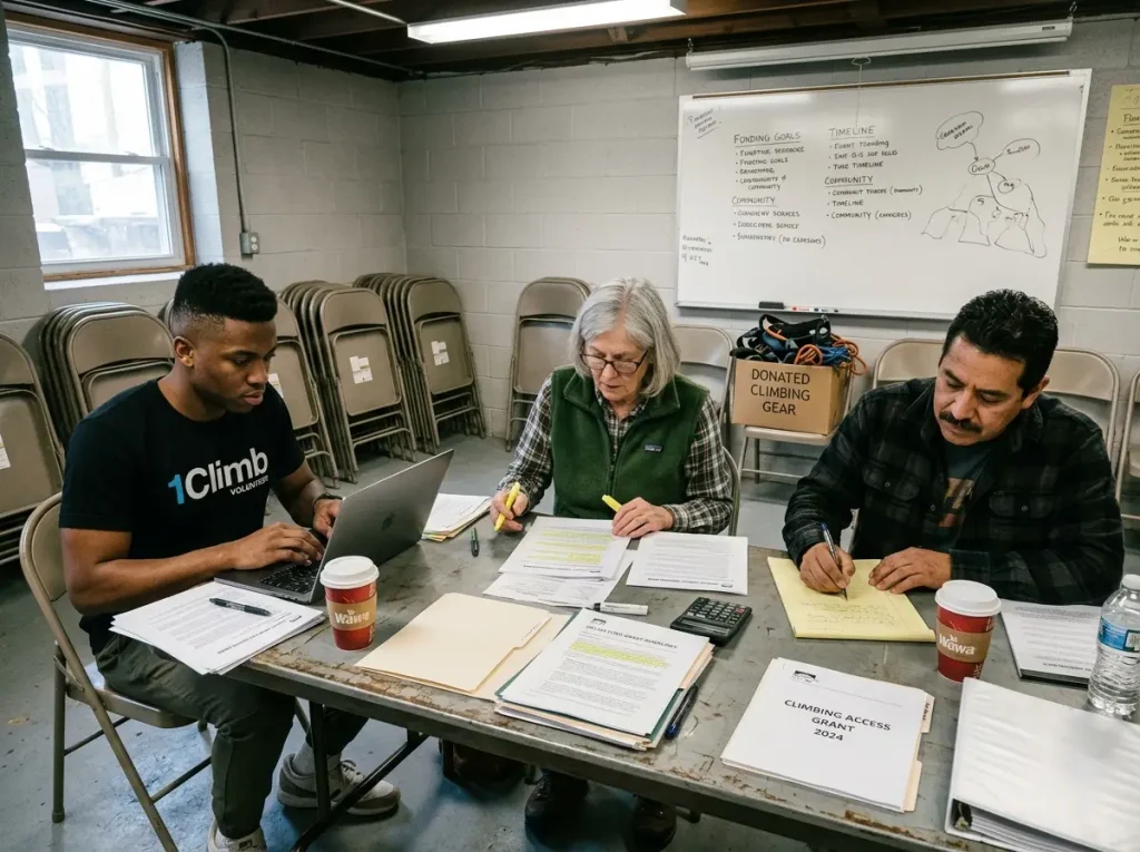 Nonprofit climbing program team reviewing grant application paperwork