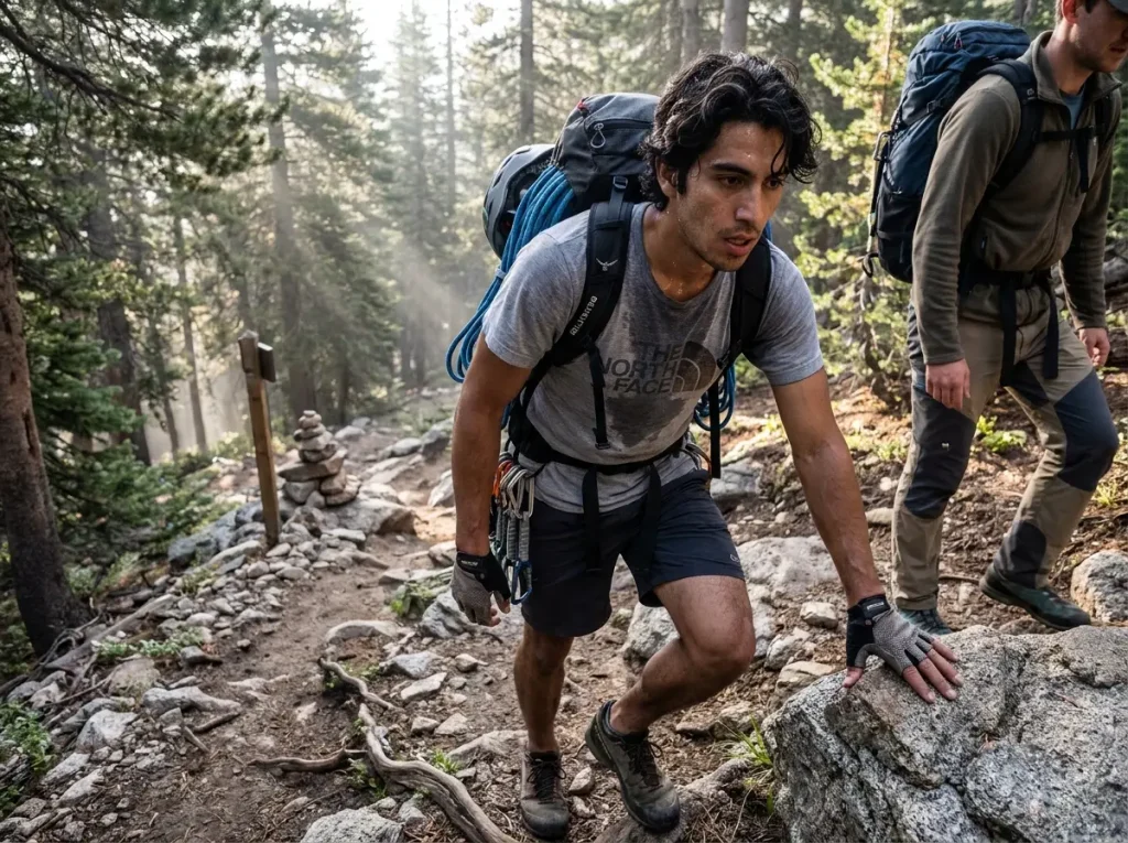 Climber hiking uphill trail to crag carrying a heavy climbing pack and rope