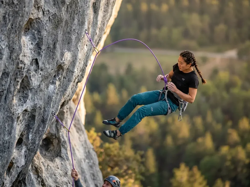 Lead climber taking a whipping fall on steep sport route with rope stretched