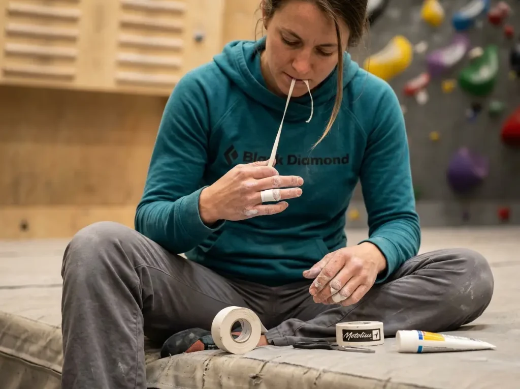 Climber taping fingers before hangboard training session for injury prevention