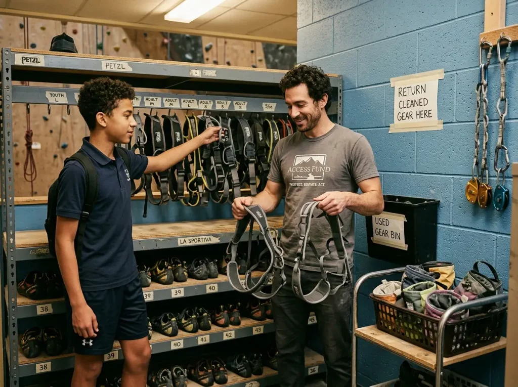 Climbing gear library shelves with labeled harnesses and shoes for borrowing