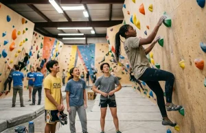 Can’t Afford a Climbing Gym? Real Options Youth climbing program participants belaying at indoor gym wall