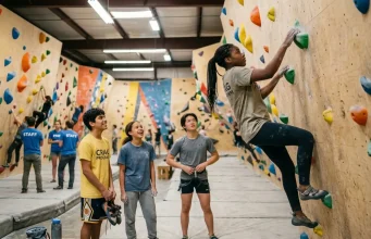 Can’t Afford a Climbing Gym? Real Options Youth climbing program participants belaying at indoor gym wall