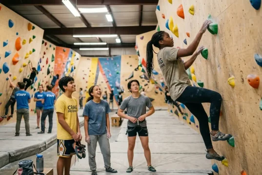 Can’t Afford a Climbing Gym? Real Options Youth climbing program participants belaying at indoor gym wall