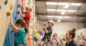 5 Climbing Gym Party Mistakes Parents Keep Making Kids climbing colorful gym wall during a birthday party celebration