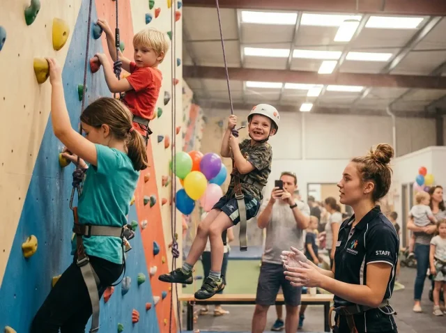 climbing-gym-birthday-party-kids-wall Kids climbing colorful gym wall during a birthday party celebration