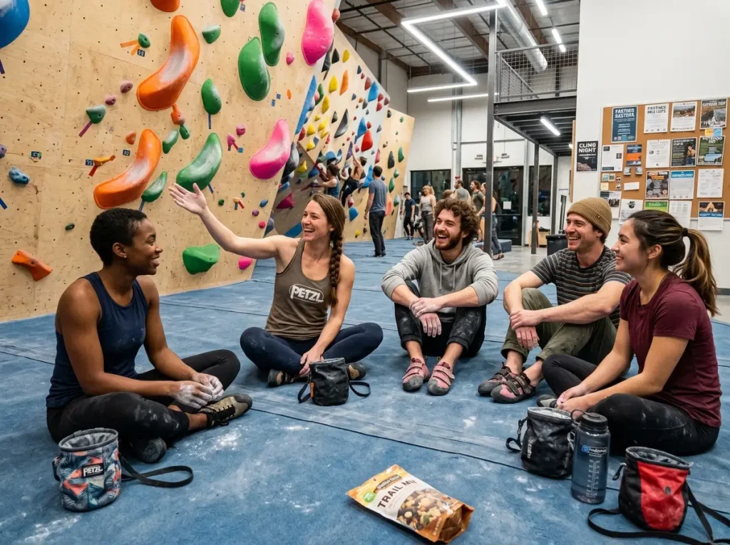 Group of climbers socializing at climbing gym community event