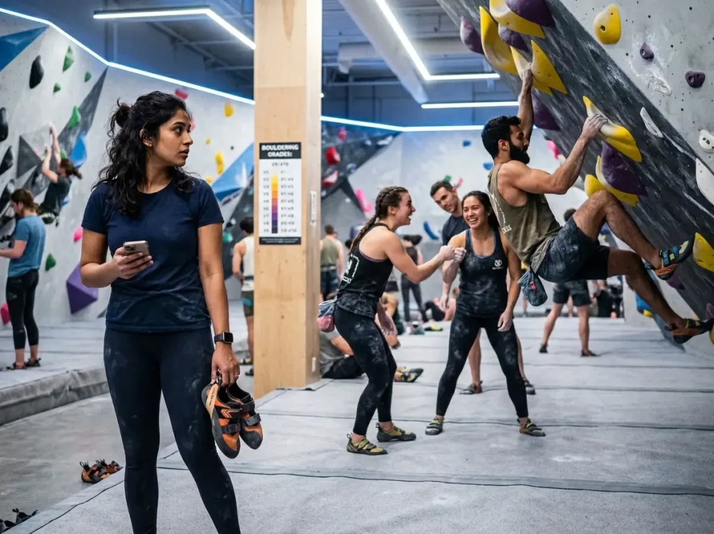First-time adult climber observing experienced regulars at busy gym