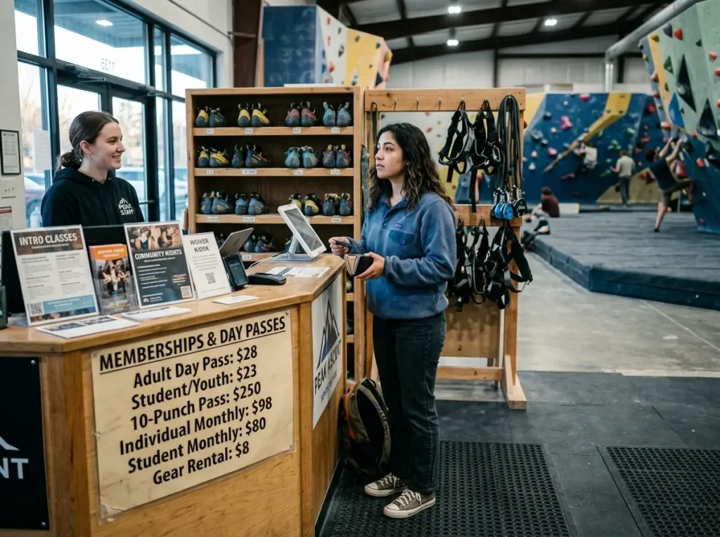 Climbing gym front desk with posted membership prices and rental gear wall
