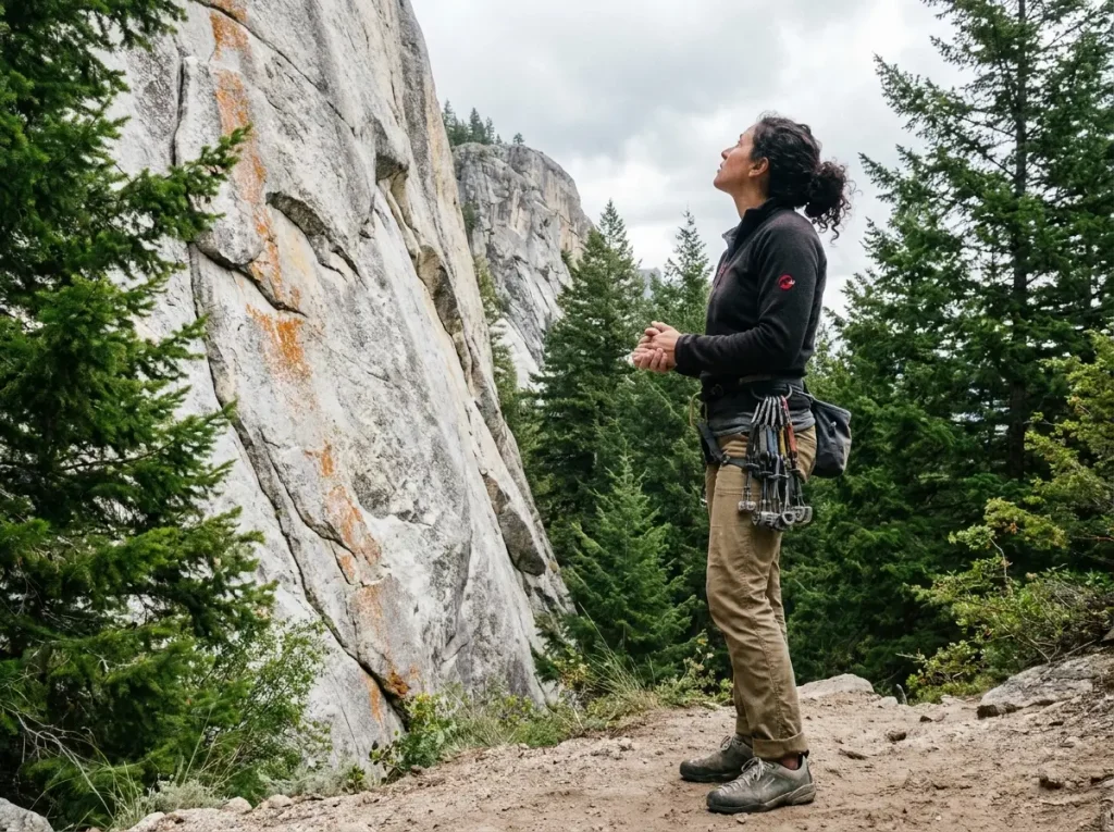 Solo climber studying a crux move on trad route, alone, deeply focused