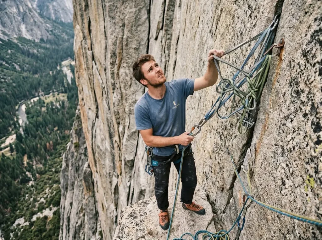 Climber looking uncertain while partner sets up anchor incorrectly