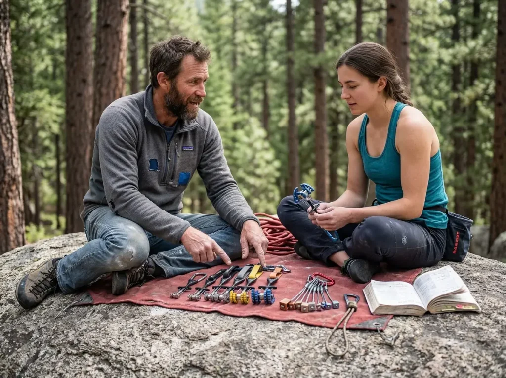 Climber explaining rope system to partner at base of trad route