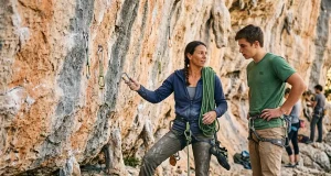 How to Find a Climbing Mentor Who Actually Shows Up Experienced climber coaching younger partner at outdoor sport crag