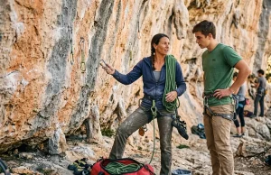 How to Find a Climbing Mentor Who Actually Shows Up Experienced climber coaching younger partner at outdoor sport crag