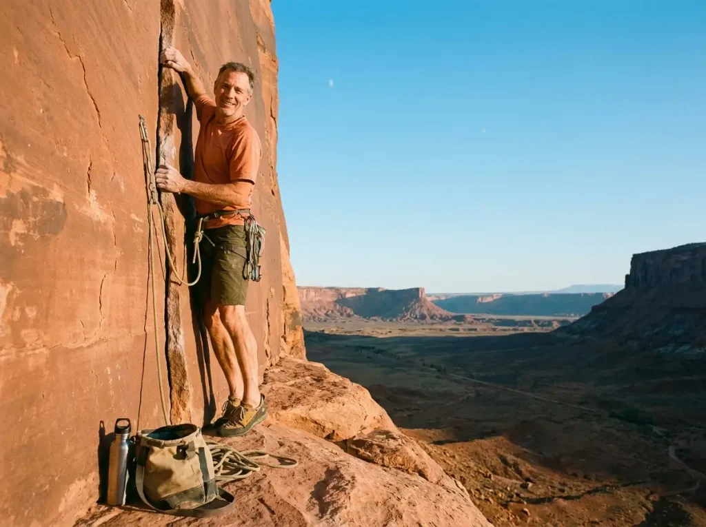 Lone climber on remote crack route at dawn, no other people visible