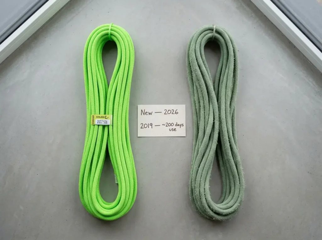 Two climbing ropes side by side comparing new and aged nylon sheath condition