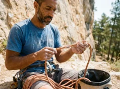 How Many Falls Before You Retire a Climbing Rope Climber inspecting worn climbing rope sheath for damage at sunny crag