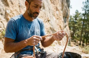 How Many Falls Before You Retire a Climbing Rope Climber inspecting worn climbing rope sheath for damage at sunny crag