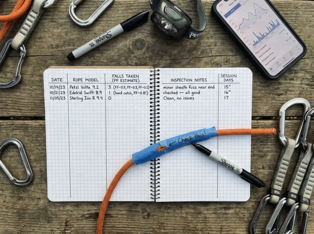 Climbing rope log notebook showing fall counts dates and inspection notes