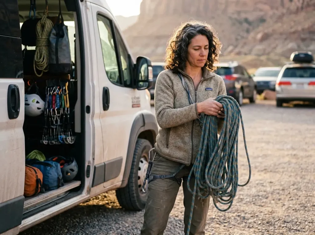 Climber holding rope with uncertain expression deciding whether to retire it