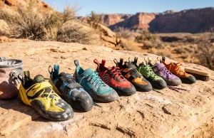 10 Climbing Shoe Brands Tested One Honest Ranking Collection of climbing shoes from different brands lined up on rock ledge