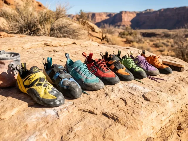 climbing-shoe-brands-compared-overview Collection of climbing shoes from different brands lined up on rock ledge