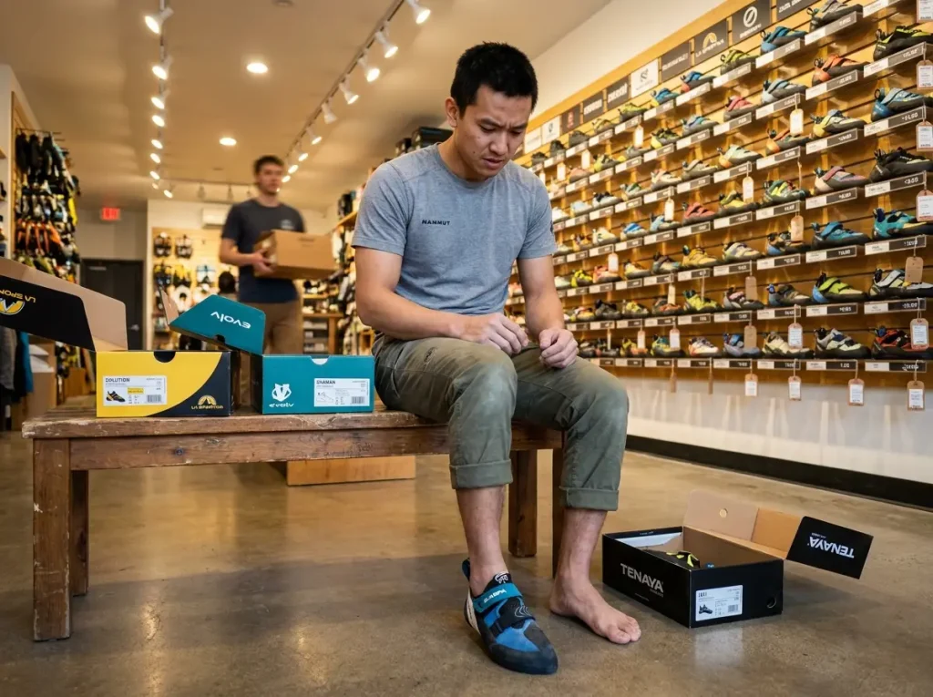 Climber trying on multiple climbing shoe brands to compare fit