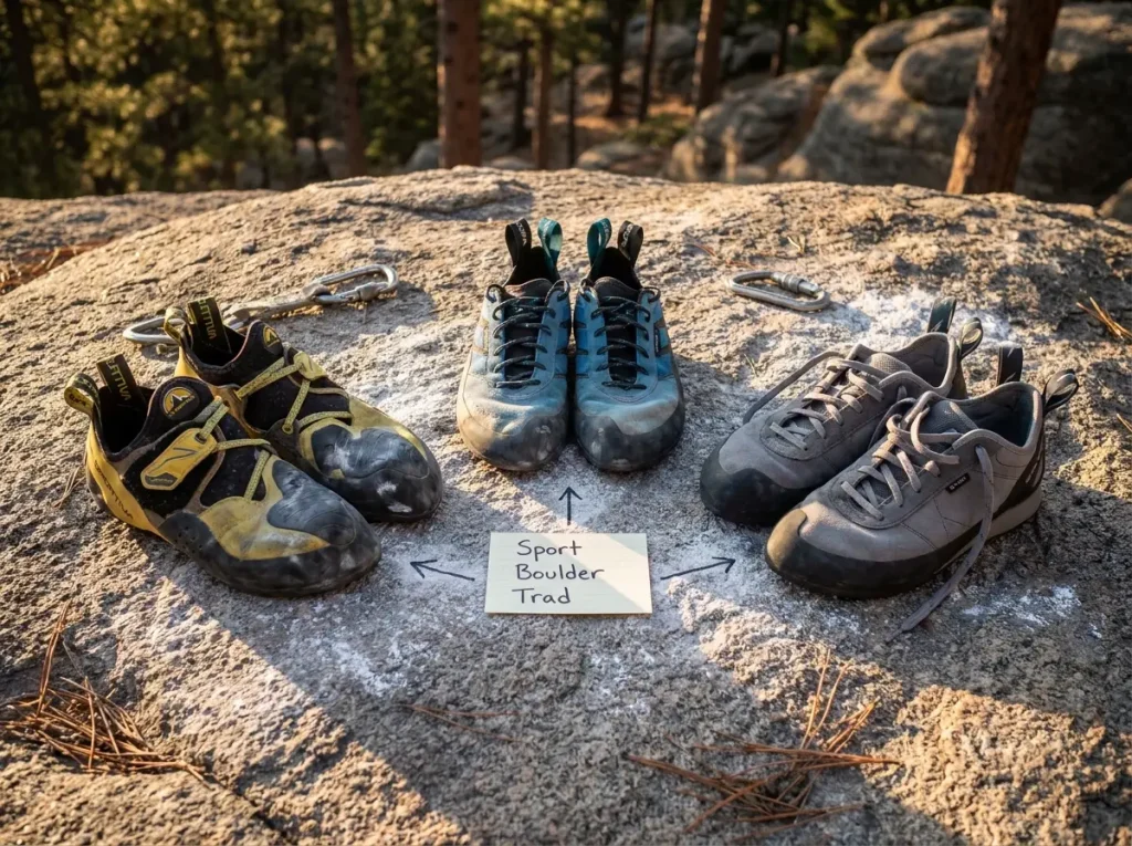 Three pairs of climbing shoes for different styles arranged on granite