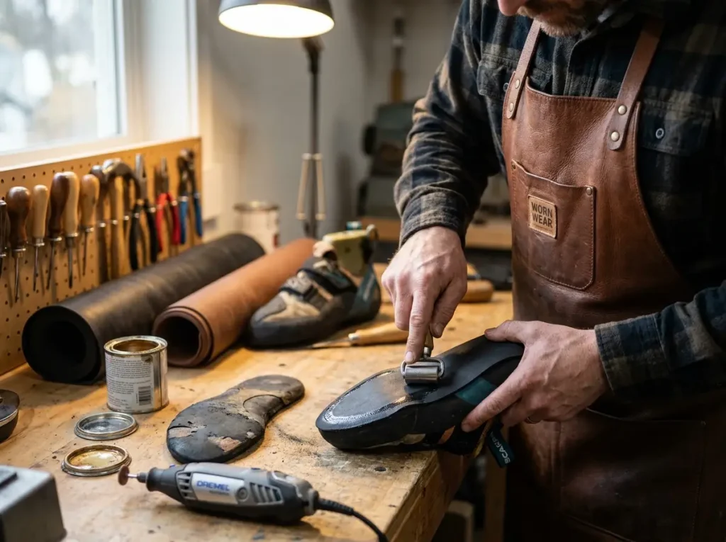 Climbing shoe being resoled by hand in professional cobbler workshop