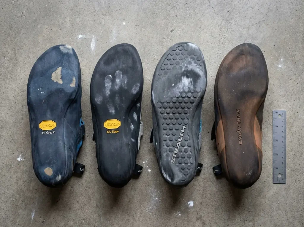 Worn climbing shoe soles showing different rubber compounds and wear patterns