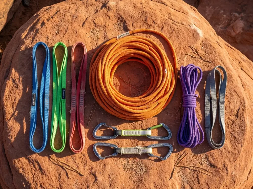 Collection of climbing soft goods including slings ropes and harness on rock