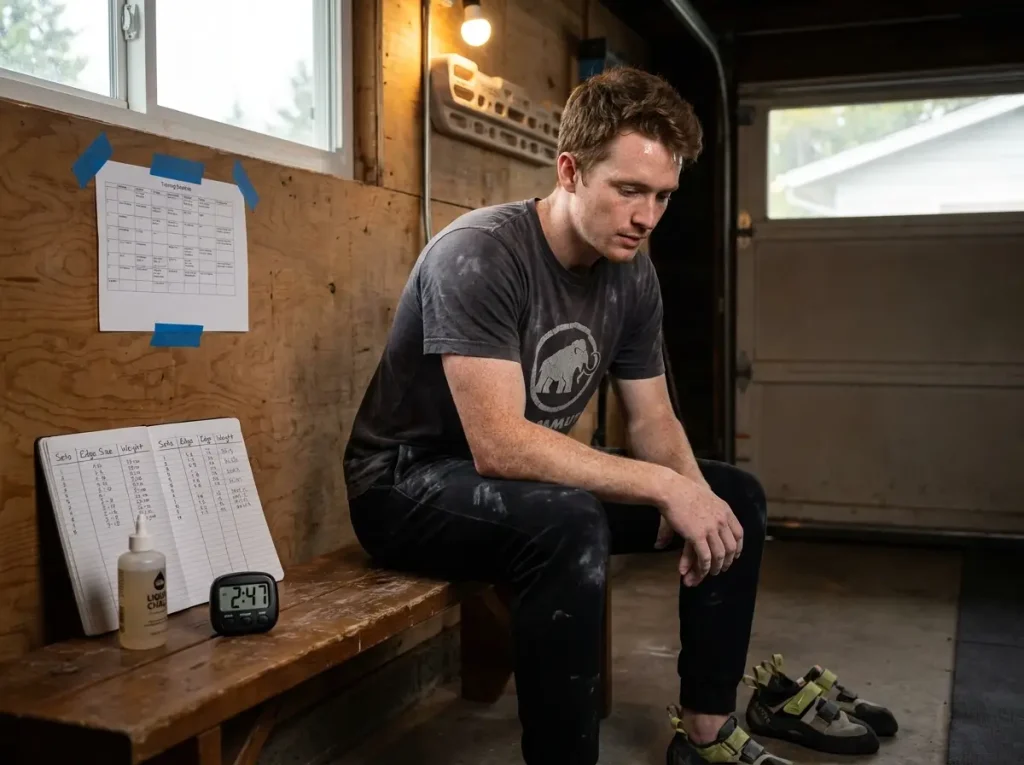 Climber resting between hangboard sets with training log and chalk