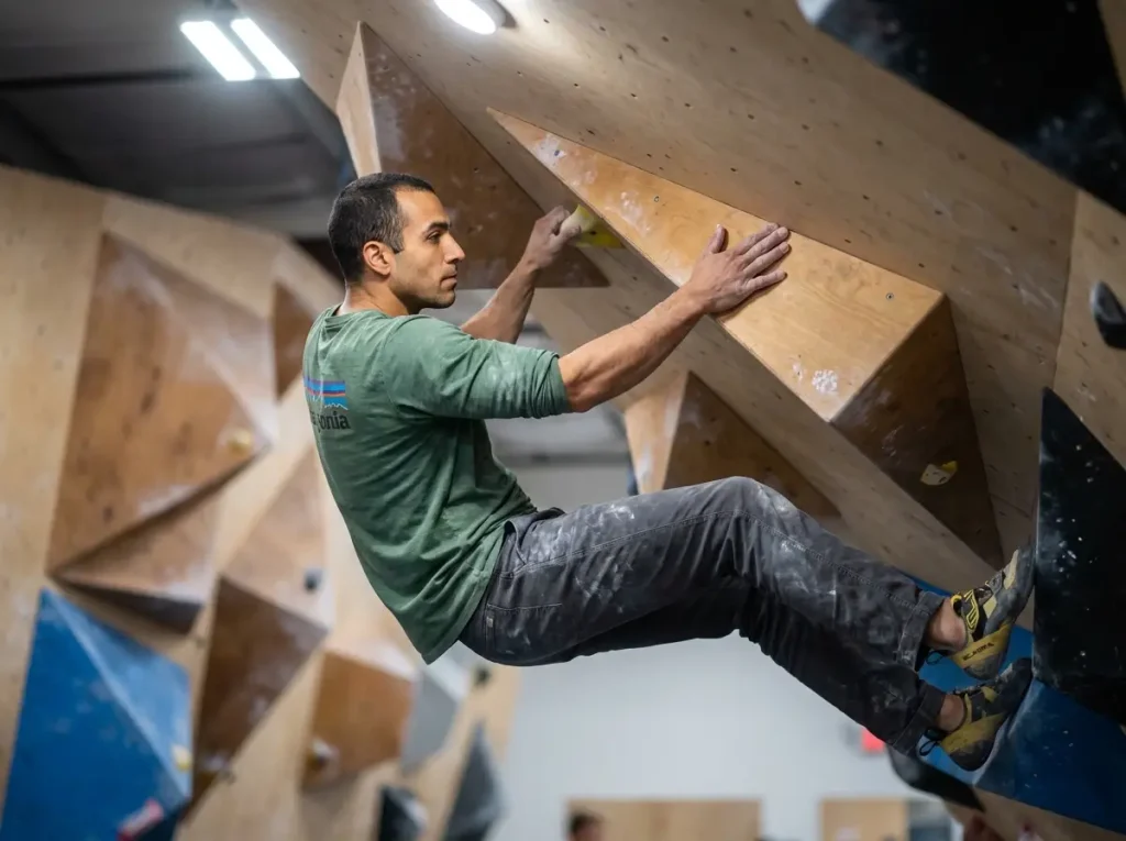Climber pressing open palm against large geometric volume hold on gym wall