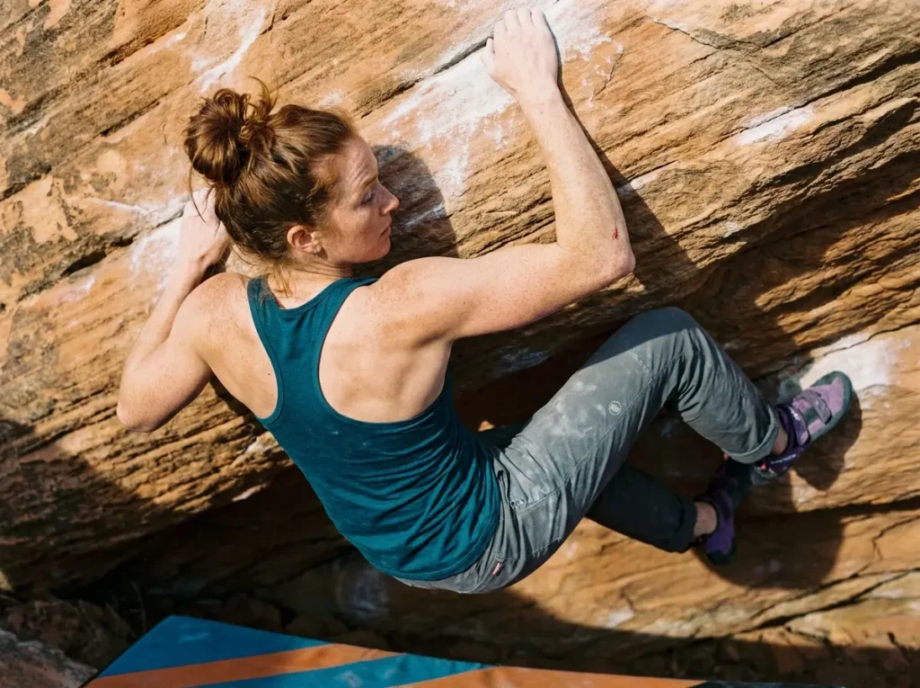 Close-up of climber's engaged core and shoulders during compression move
