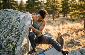Compression Climbing Technique the Gym Won’t Teach You Boulderer using compression technique on granite arete outdoors