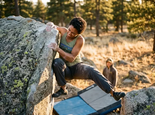 compression-climbing-technique-granite-arete Boulderer using compression technique on granite arete outdoors