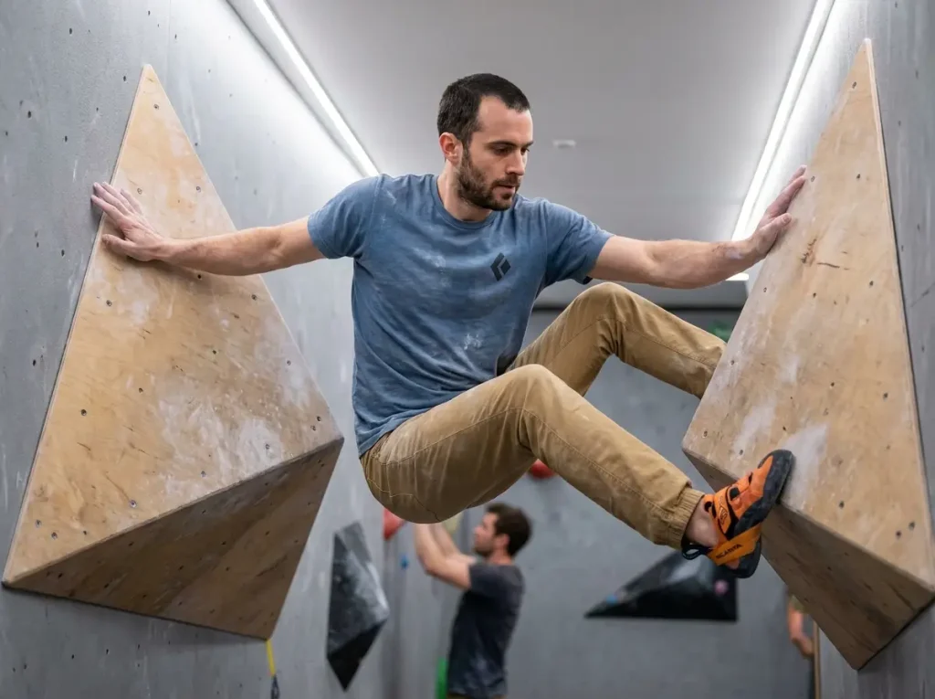 Climber demonstrating inward squeeze on both sides of boulder volume