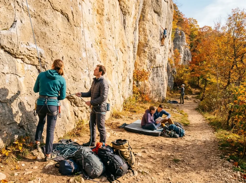 Climbers sharing a busy outdoor crag with proper spacing and etiquette