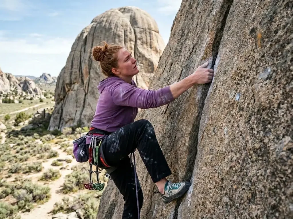 Climber on Rye Crisp crack route at Elephant Rock City of Rocks