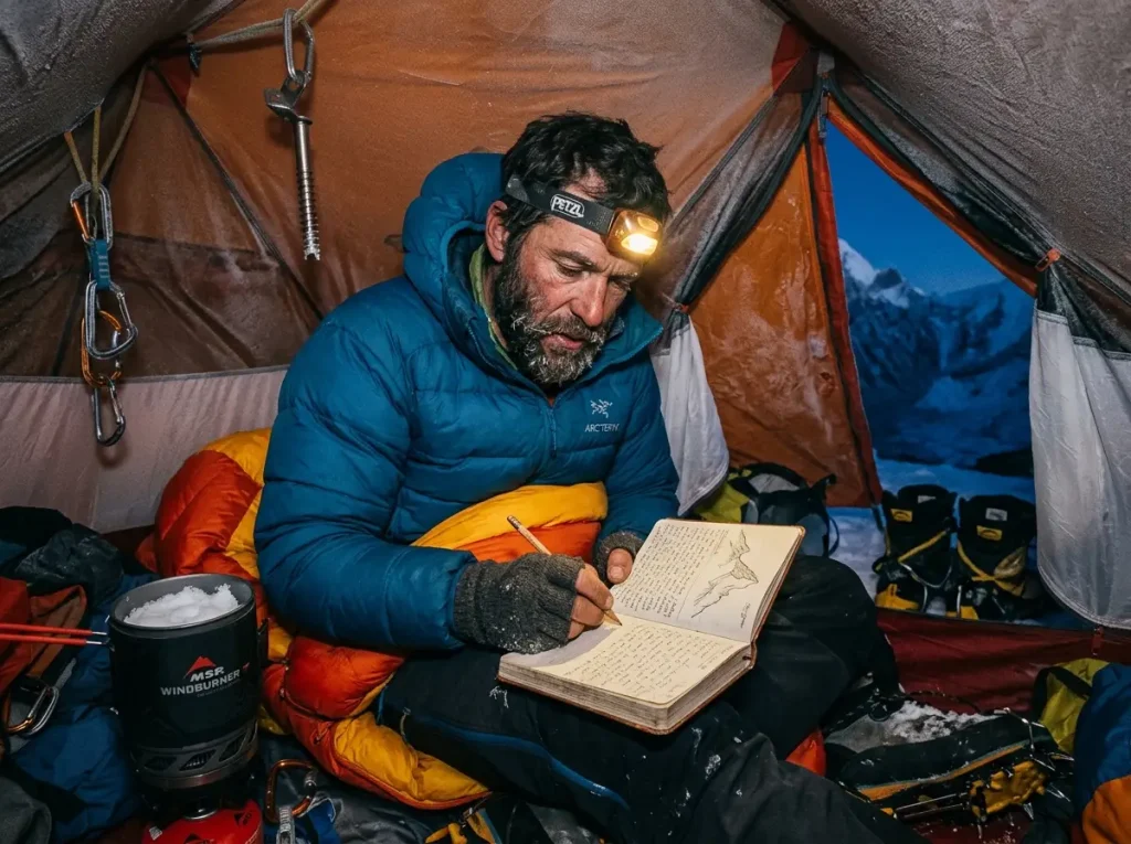 Climber writing in journal at high camp tent with headlamp illumination