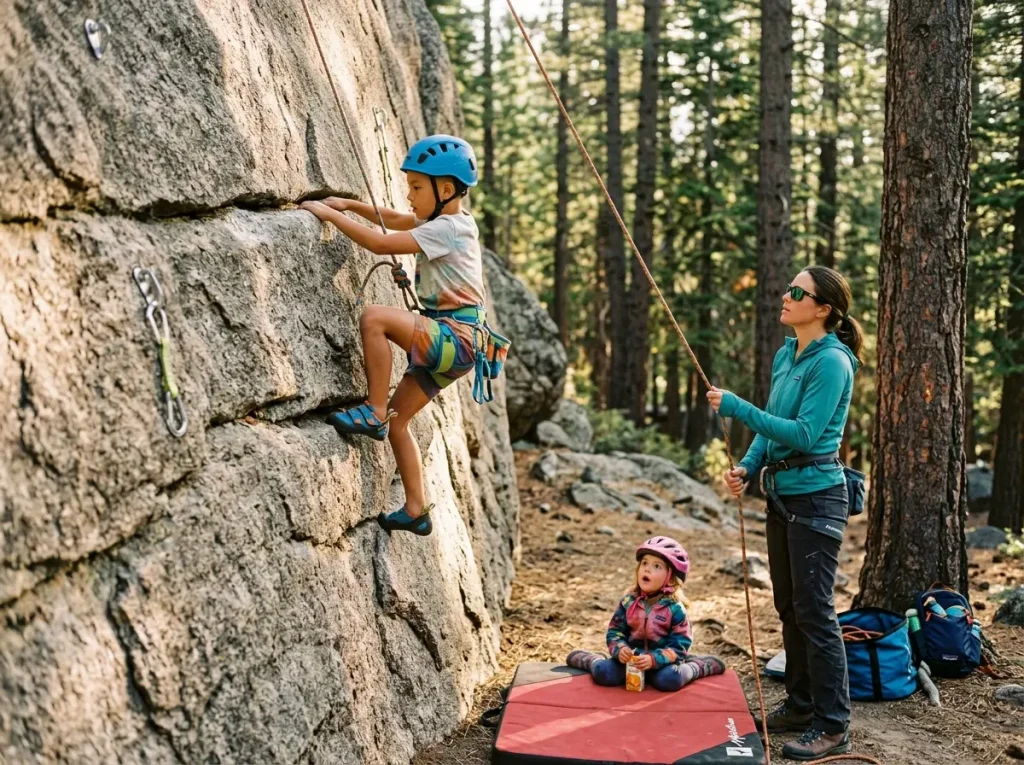 Family at outdoor crag child climbing easy route with parent belaying