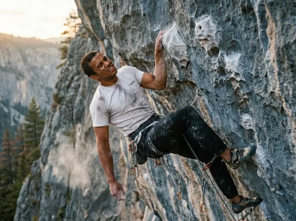 Frustrated climber shaking out on steep sport route with chalked holds above